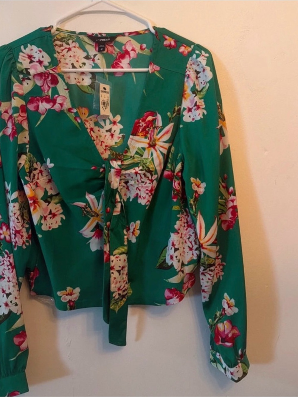 Express Green Floral Tie-Front Blouse